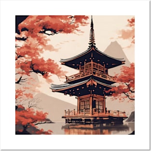 japanese pagoda with cheery blossom Posters and Art